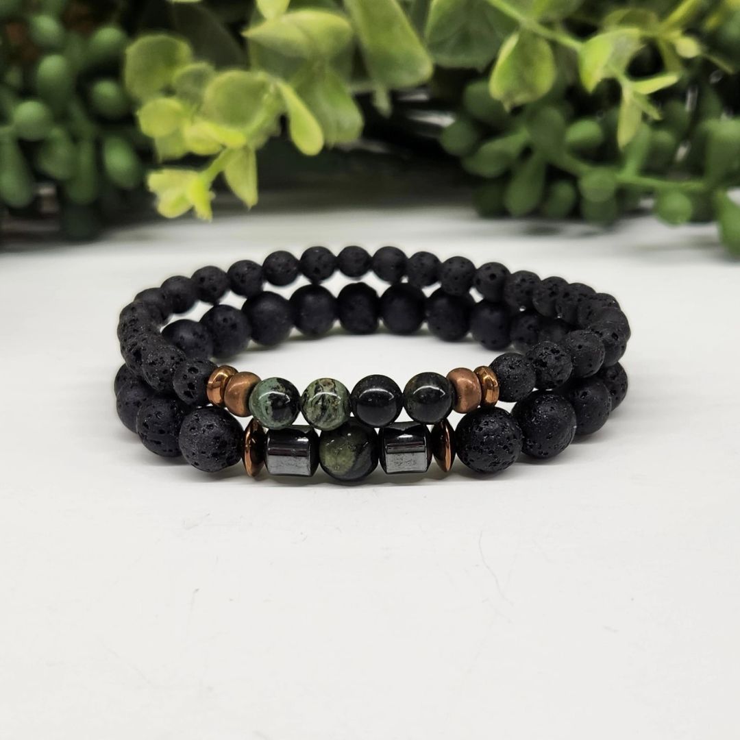 Crystal Black Lava Two Beaded Bracelet Sets