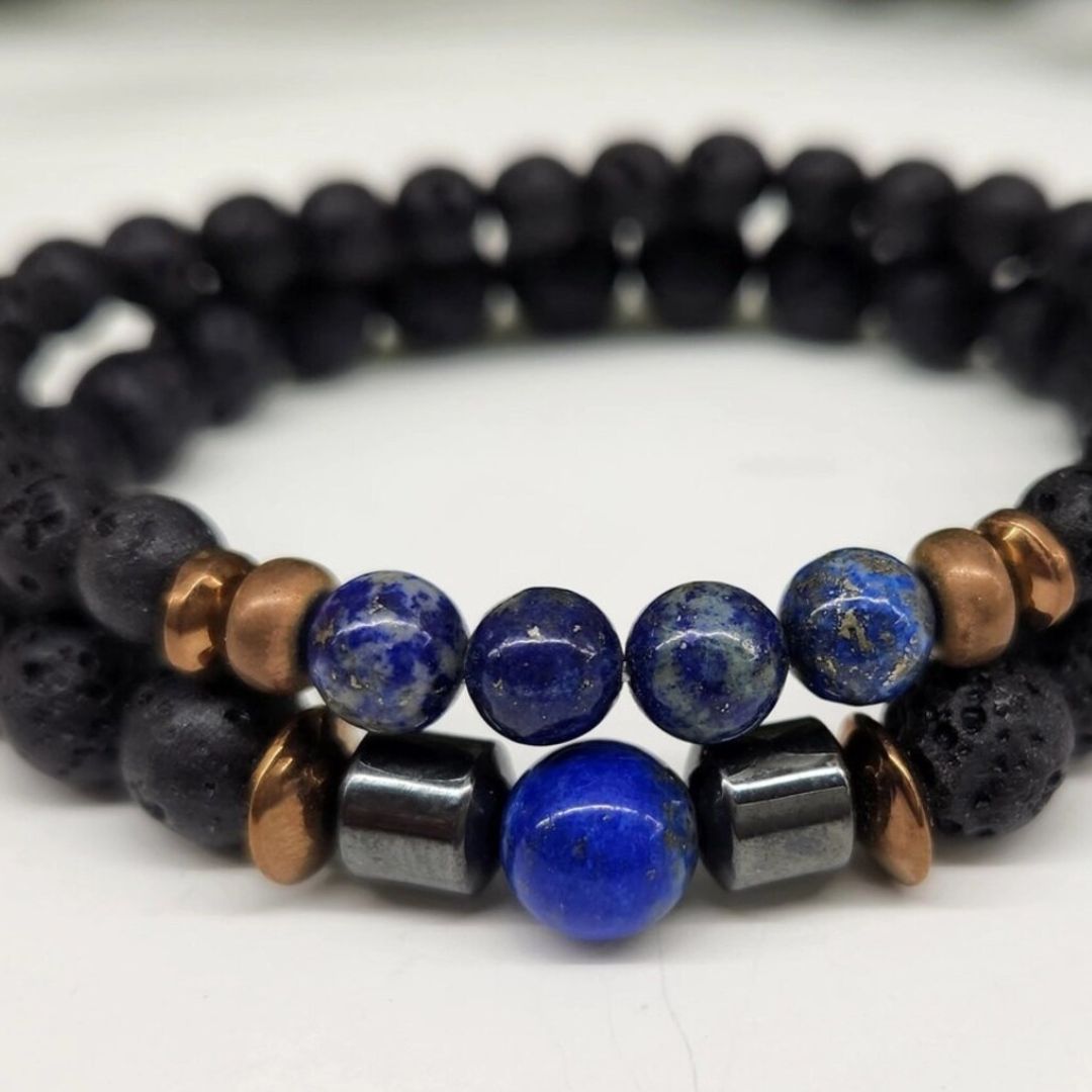 Crystal Black Lava Two Beaded Bracelet Sets