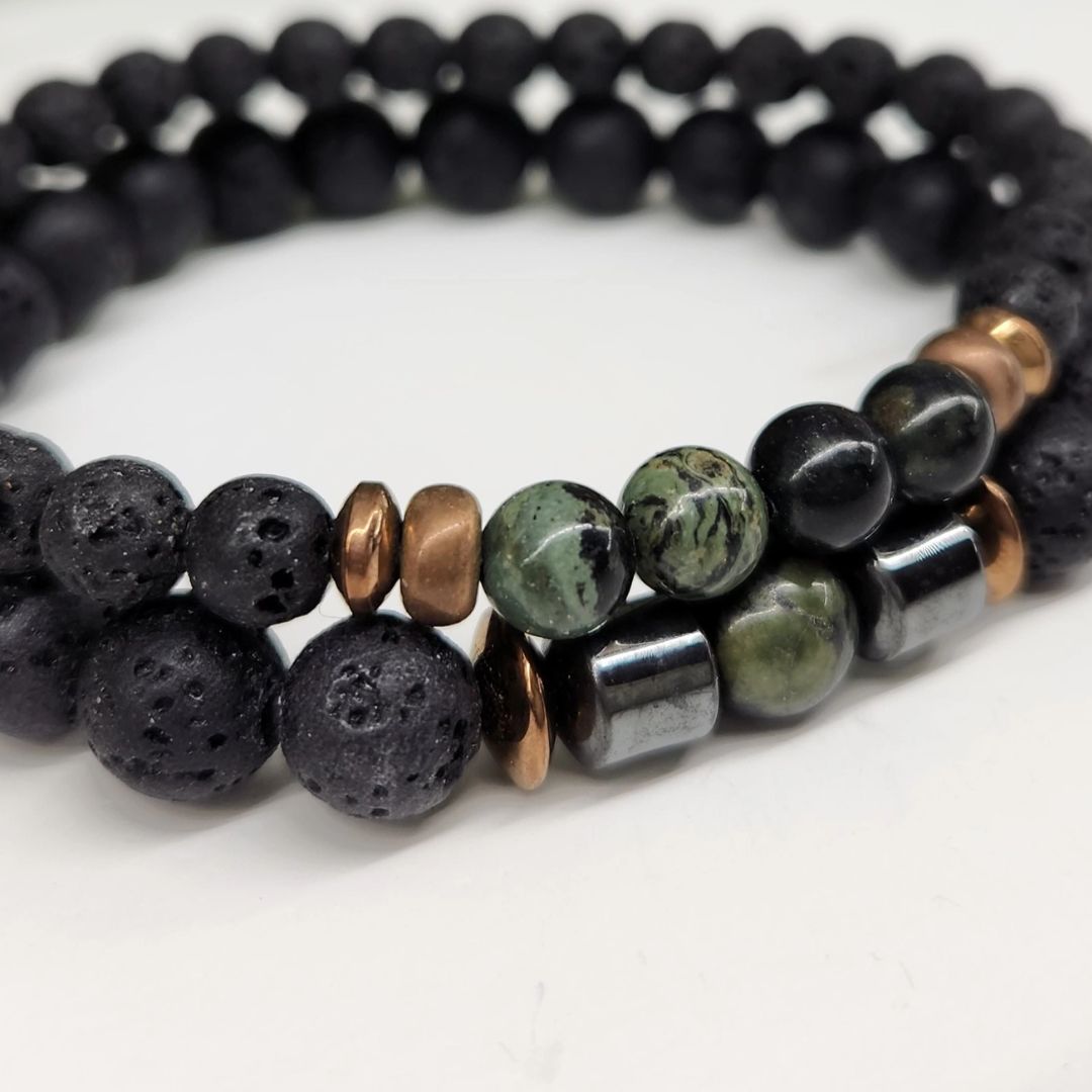 Crystal Black Lava Two Beaded Bracelet Sets