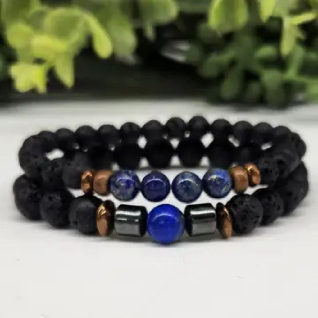Crystal Black Lava Two Beaded Bracelet Sets